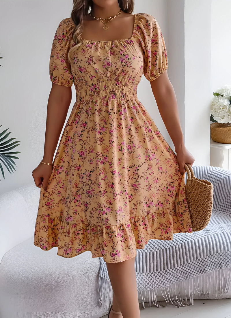 Floral Midi Dress with Puff Sleeves and Square Neck