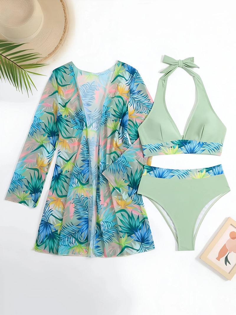 Three-Piece Bikini and Floral Cover-Up Set