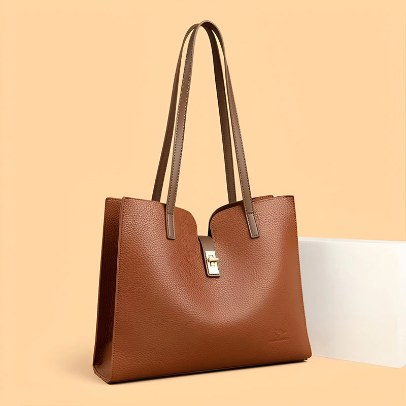 Textured Leather Tote Bag with Front Clasp