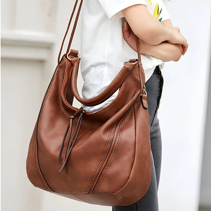 Two Piece Retro-Inspired Large Leather Shoulder Bag