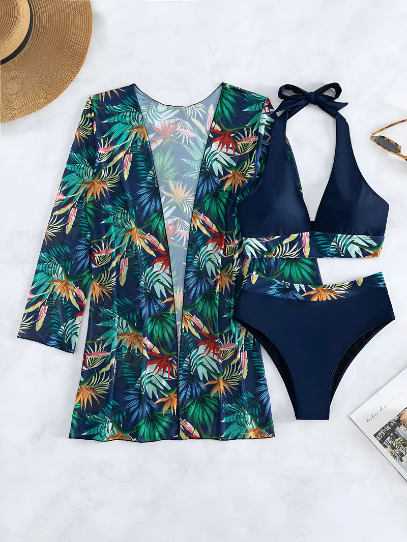 Three-Piece Bikini and Floral Cover-Up Set