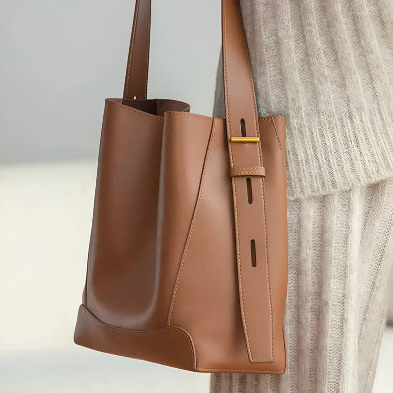 Button-Closure Bucket Shoulder Bag