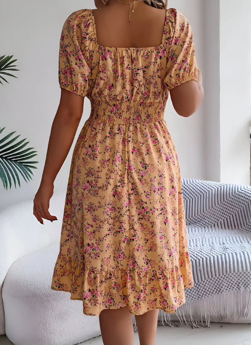 Floral Midi Dress with Puff Sleeves and Square Neck