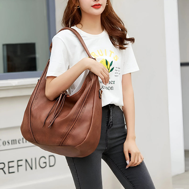 Two Piece Retro-Inspired Large Leather Shoulder Bag