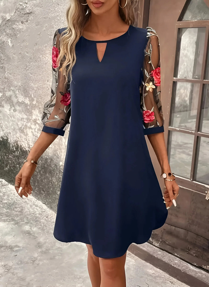 Floral Mesh Sleeve Dress with Keyhole Neckline