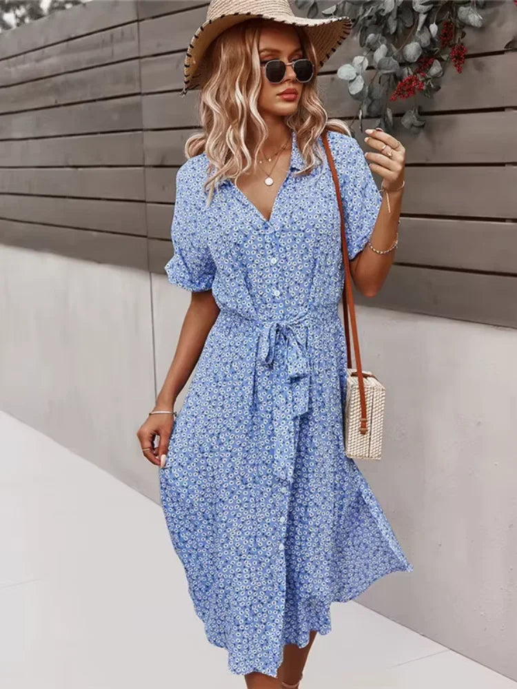 Women's V-Neck Floral Tie-Waist Maxi Dress