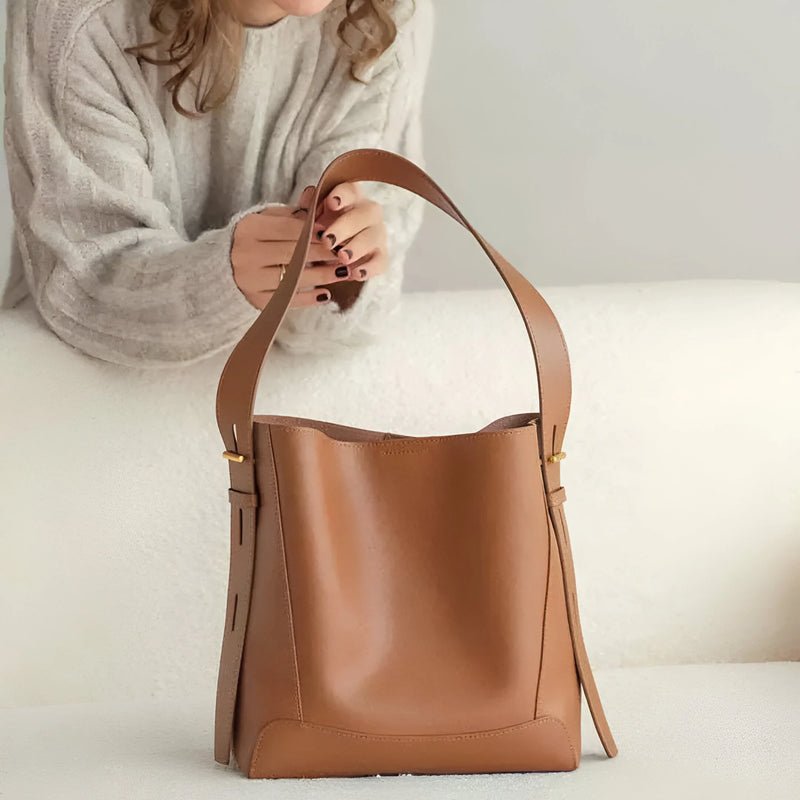 Button-Closure Bucket Shoulder Bag