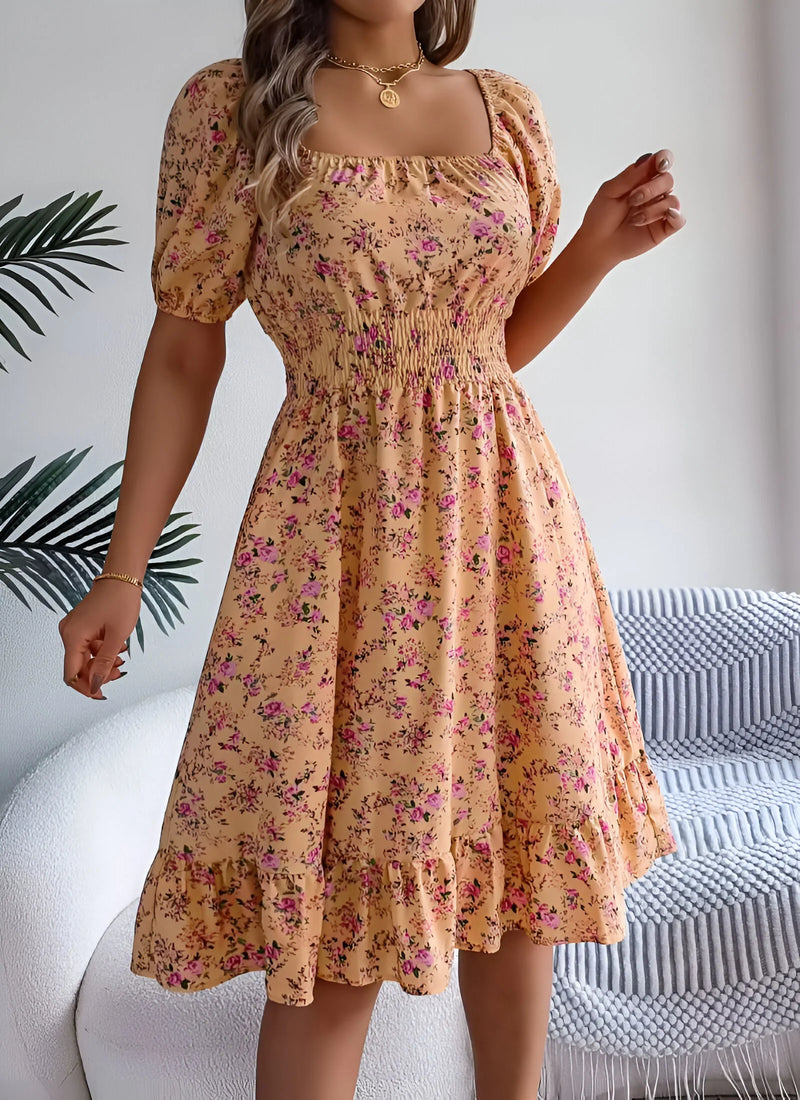 Floral Midi Dress with Puff Sleeves and Square Neck