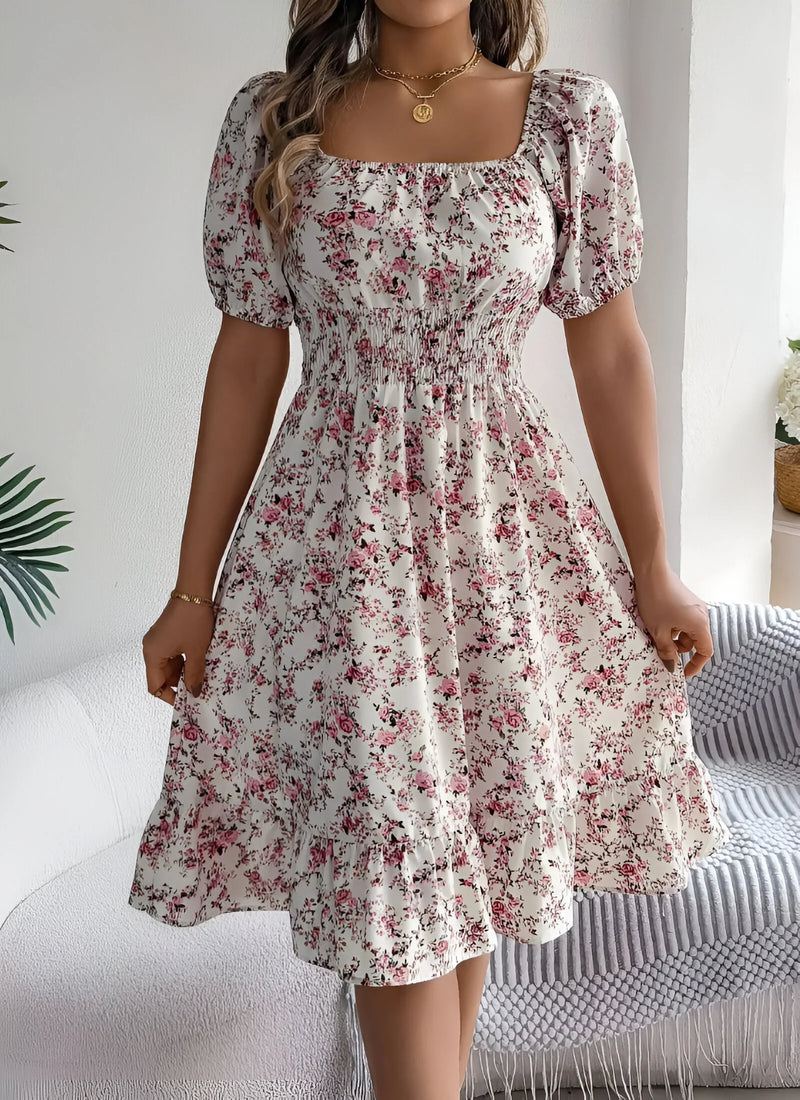 Floral Midi Dress with Puff Sleeves and Square Neck