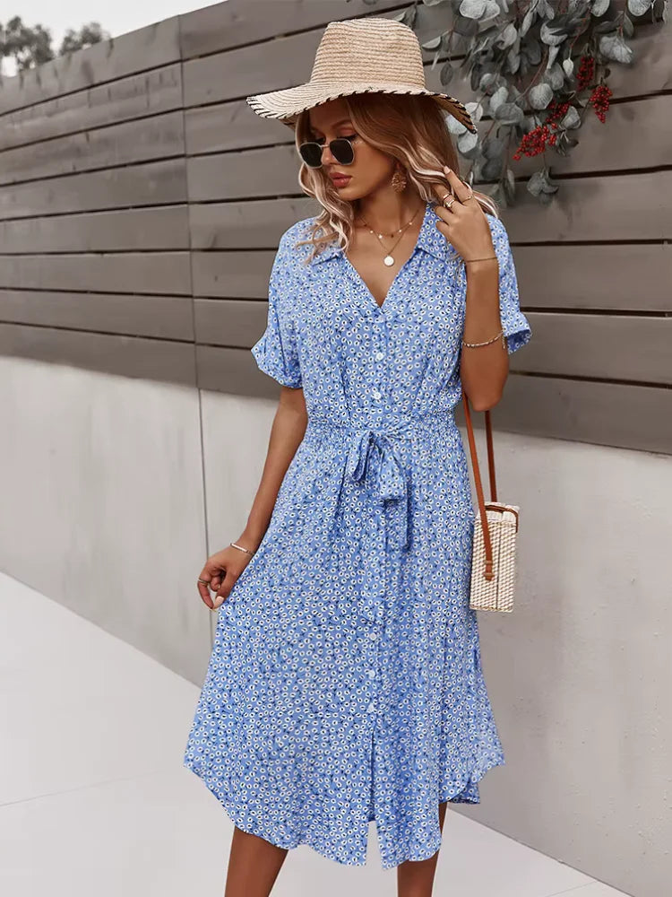 Women's V-Neck Floral Tie-Waist Maxi Dress