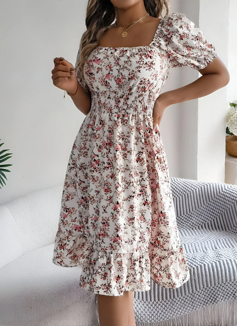 Floral Midi Dress with Puff Sleeves and Square Neck