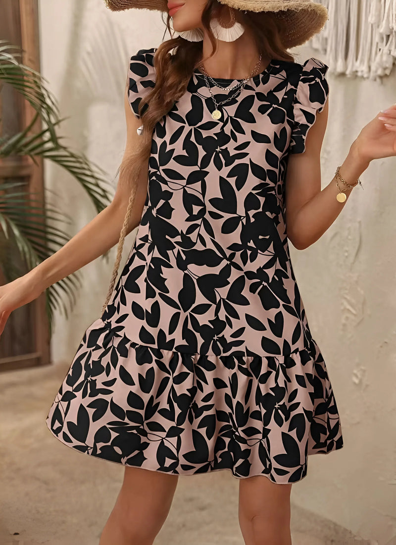 Leaf-Print Ruffle Hem Mini Dress