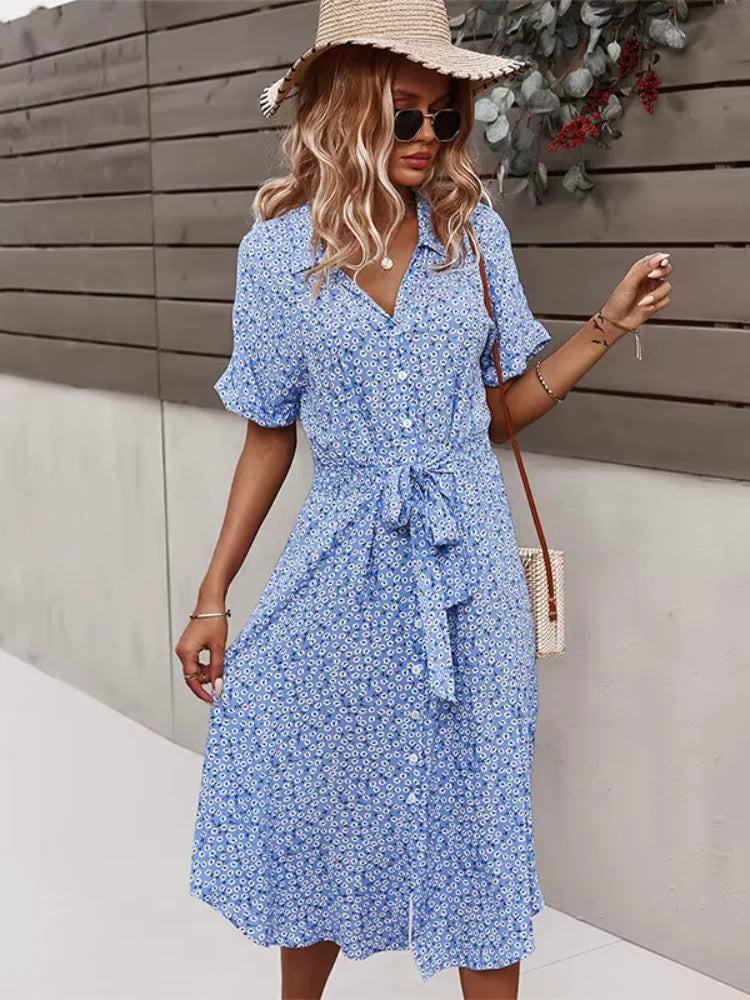 Women's V-Neck Floral Tie-Waist Maxi Dress