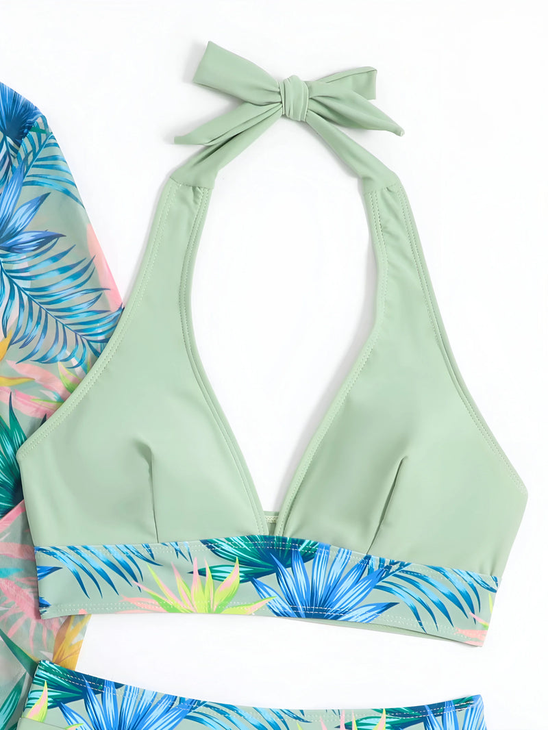 Three-Piece Bikini and Floral Cover-Up Set