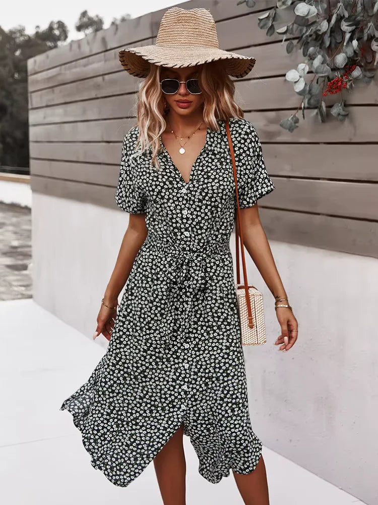 Women's V-Neck Floral Tie-Waist Maxi Dress