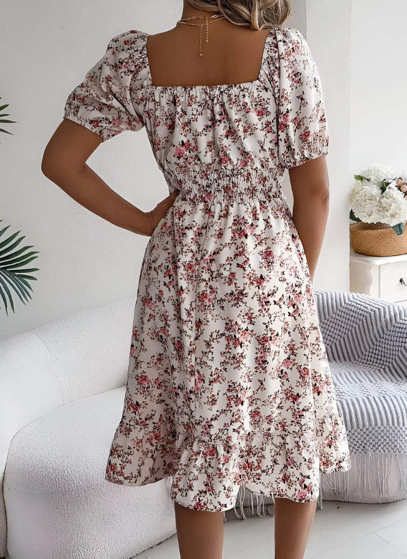 Floral Midi Dress with Puff Sleeves and Square Neck