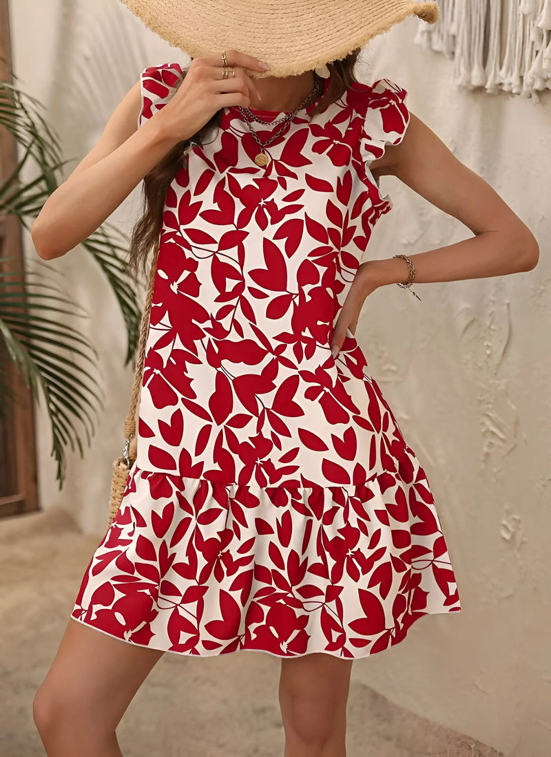 Leaf-Print Ruffle Hem Mini Dress