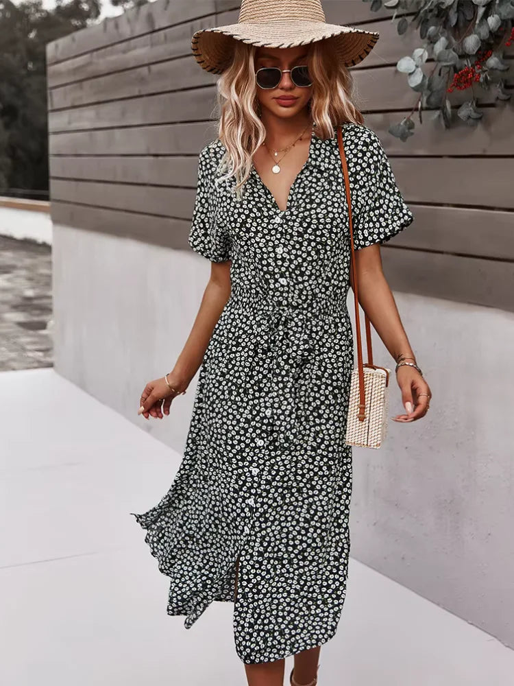 Women's V-Neck Floral Tie-Waist Maxi Dress