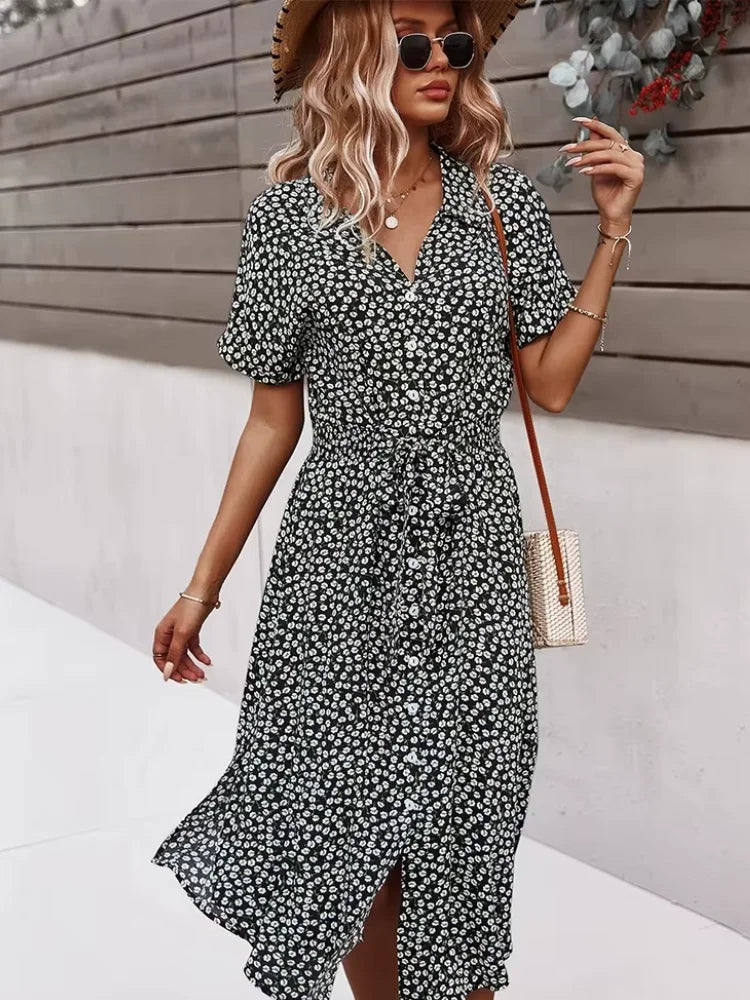 Women's V-Neck Floral Tie-Waist Maxi Dress