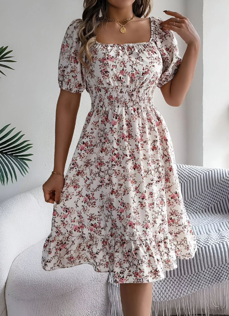 Floral Midi Dress with Puff Sleeves and Square Neck