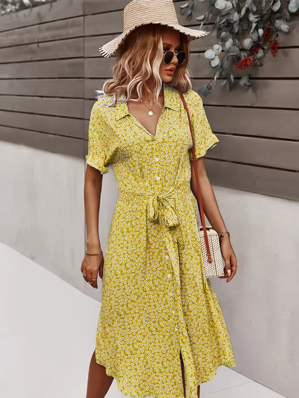 Women's V-Neck Floral Tie-Waist Maxi Dress