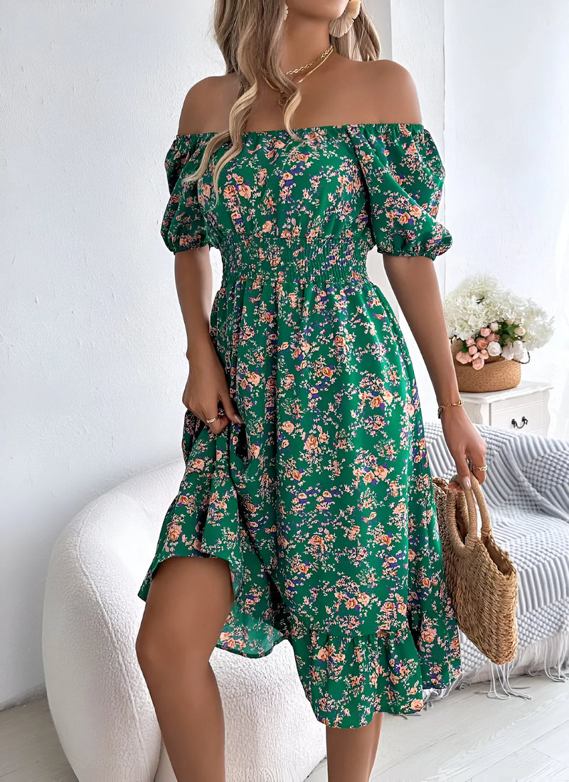 Floral Midi Dress with Puff Sleeves and Square Neck