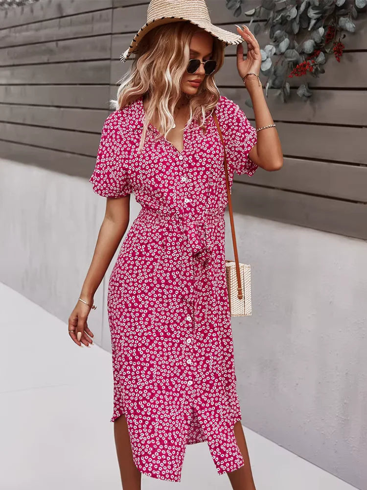 Women's V-Neck Floral Tie-Waist Maxi Dress