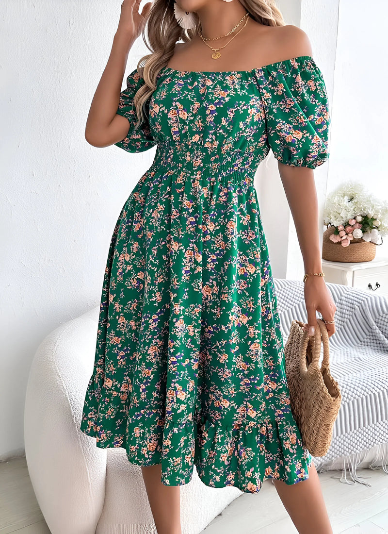 Floral Midi Dress with Puff Sleeves and Square Neck