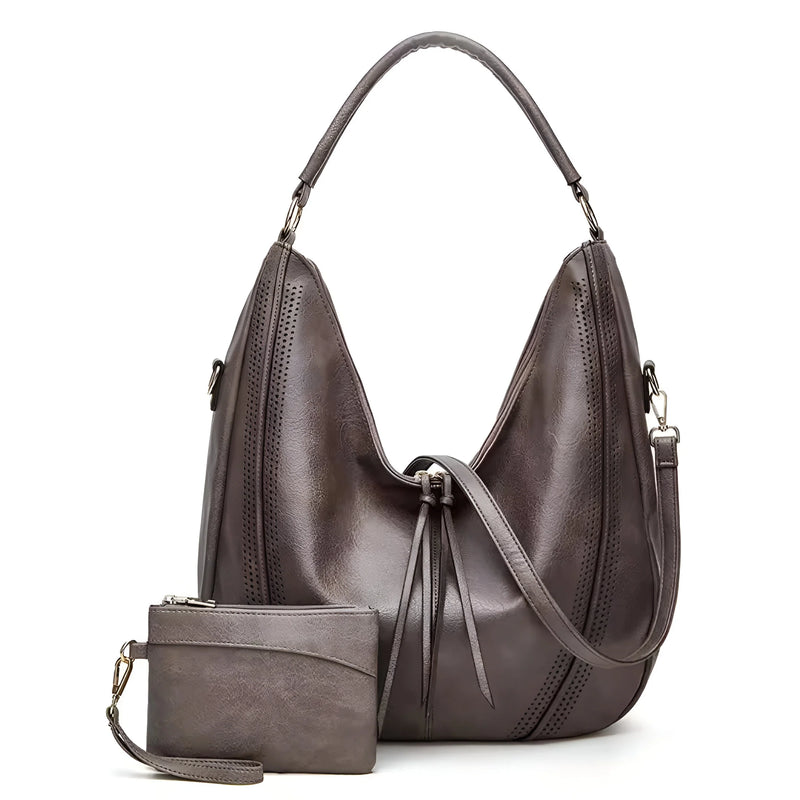 Two Piece Retro-Inspired Large Leather Shoulder Bag