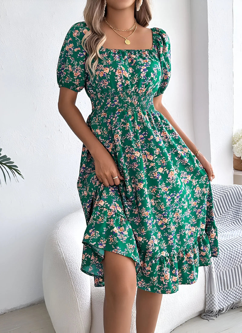 Floral Midi Dress with Puff Sleeves and Square Neck