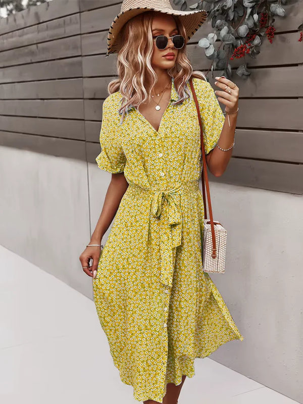 Women's V-Neck Floral Tie-Waist Maxi Dress