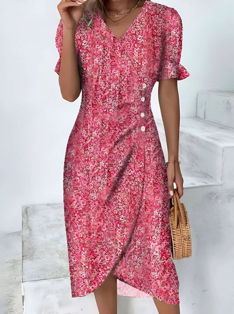 Floral Pleated V-Neck Midi Dress