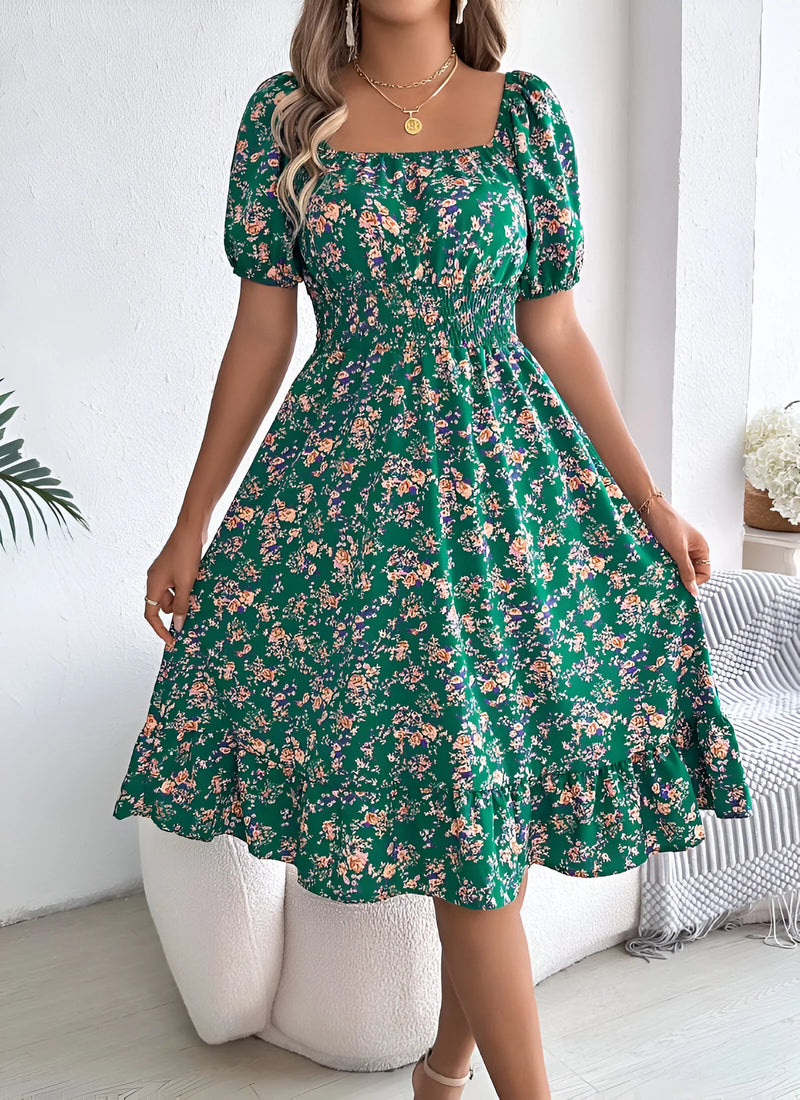 Floral Midi Dress with Puff Sleeves and Square Neck