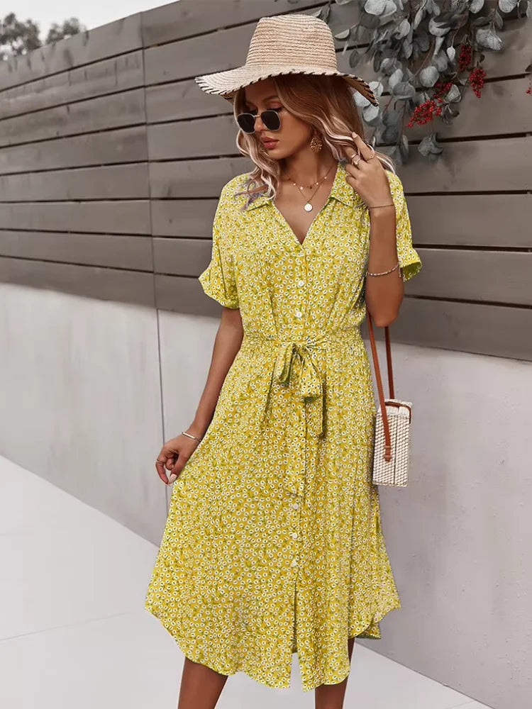 Women's V-Neck Floral Tie-Waist Maxi Dress