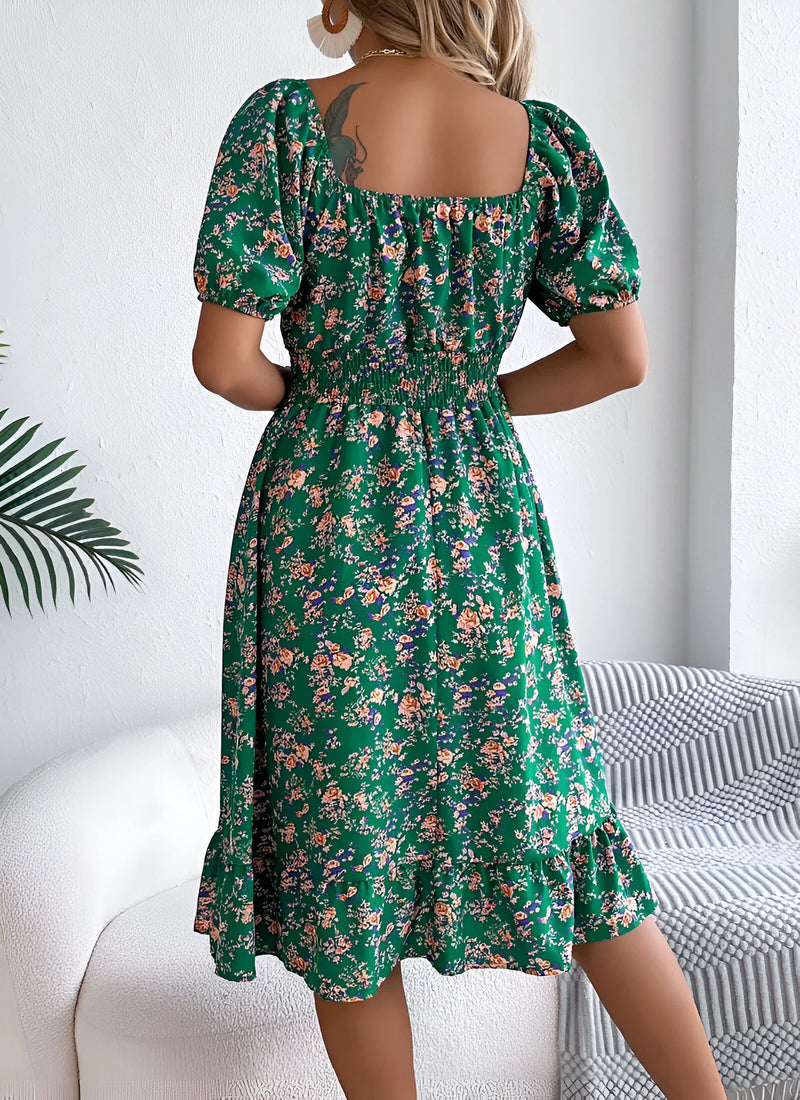 Floral Midi Dress with Puff Sleeves and Square Neck