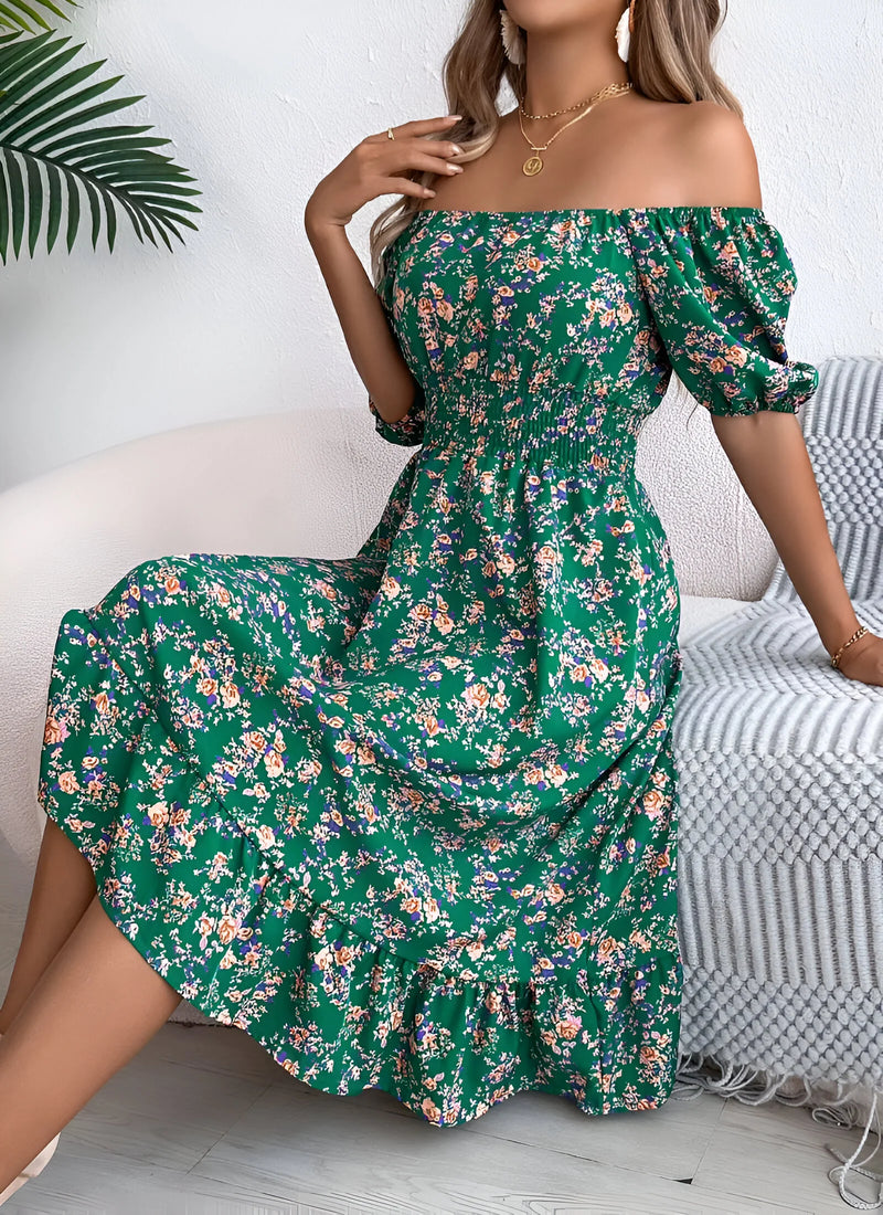 Floral Midi Dress with Puff Sleeves and Square Neck