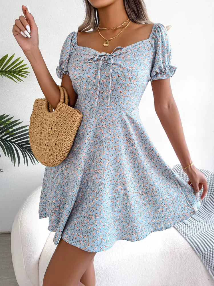 Spring Floral Lace-Up Mini Dress