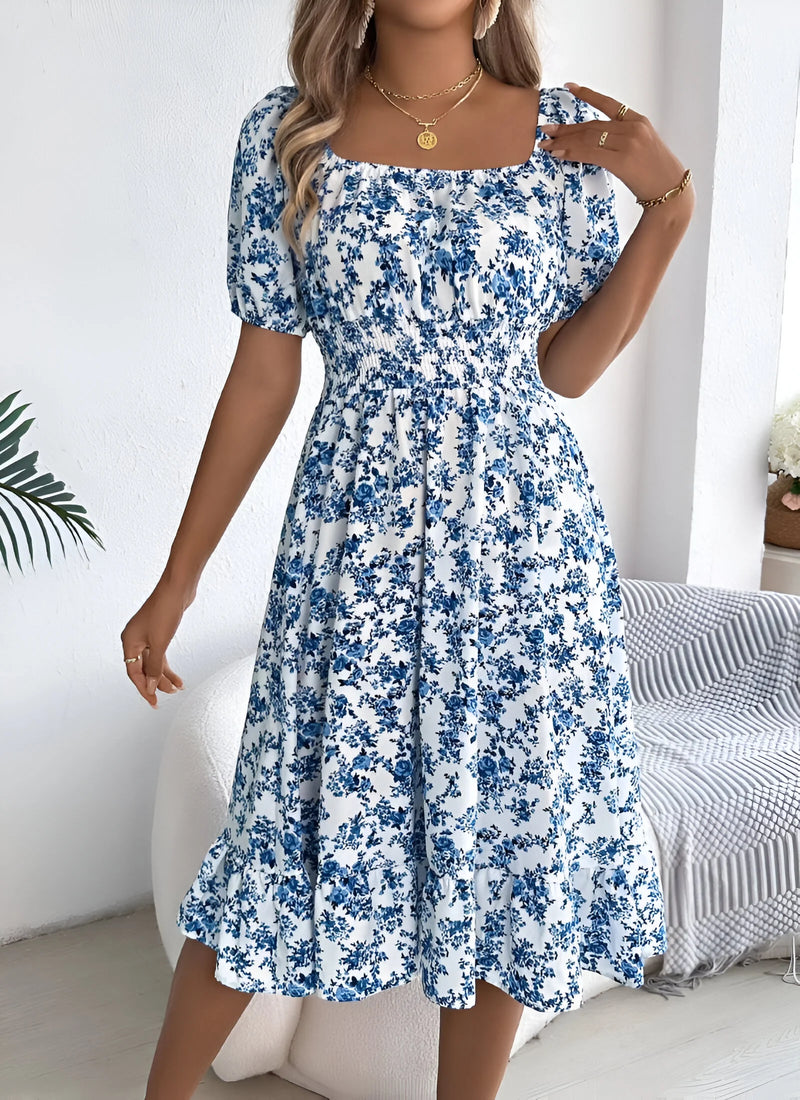 Floral Midi Dress with Puff Sleeves and Square Neck