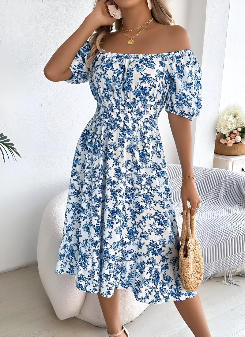 Floral Midi Dress with Puff Sleeves and Square Neck