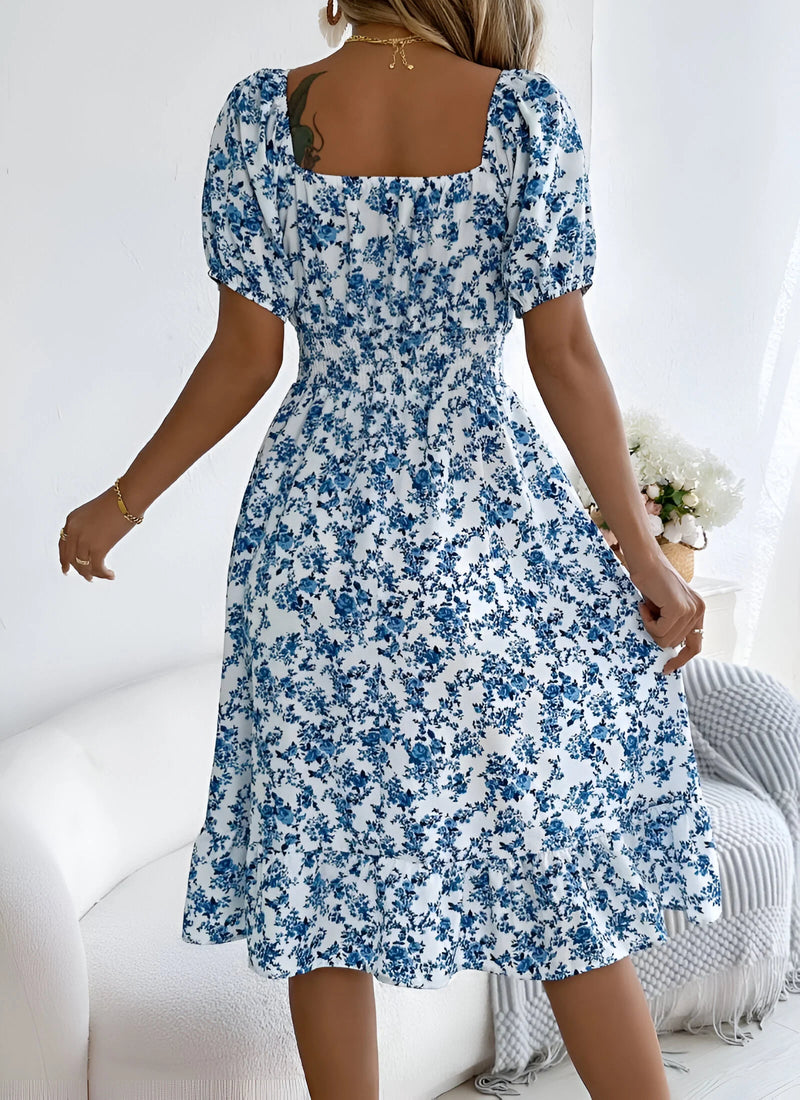 Floral Midi Dress with Puff Sleeves and Square Neck