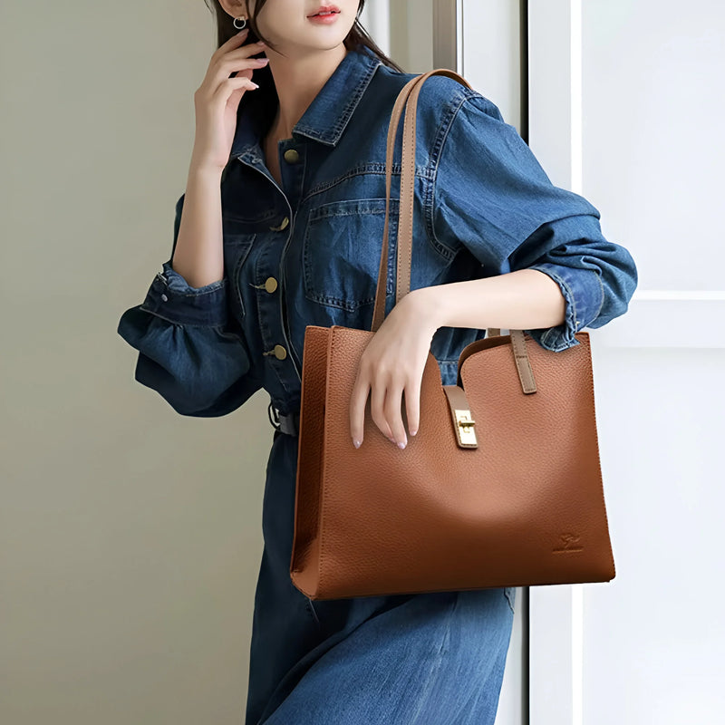 Textured Leather Tote Bag with Front Clasp