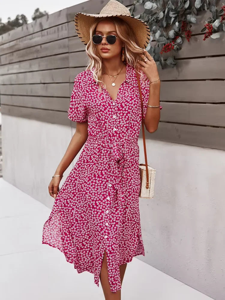 Women's V-Neck Floral Tie-Waist Maxi Dress