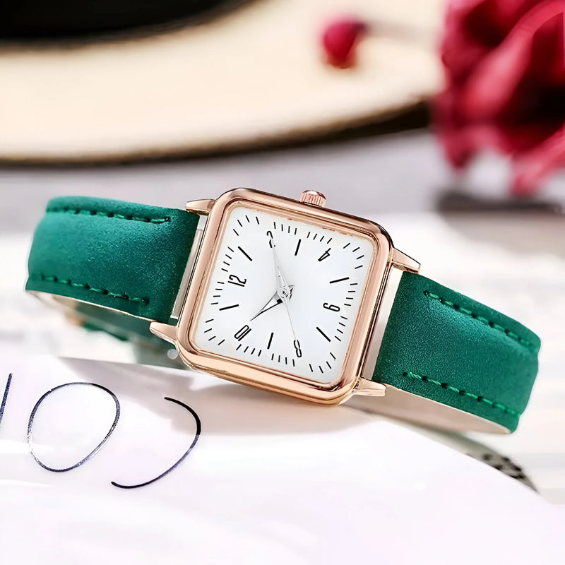 Square Dial Leather Strap GITD Watch for Women