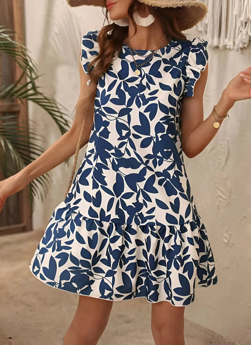 Leaf-Print Ruffle Hem Mini Dress