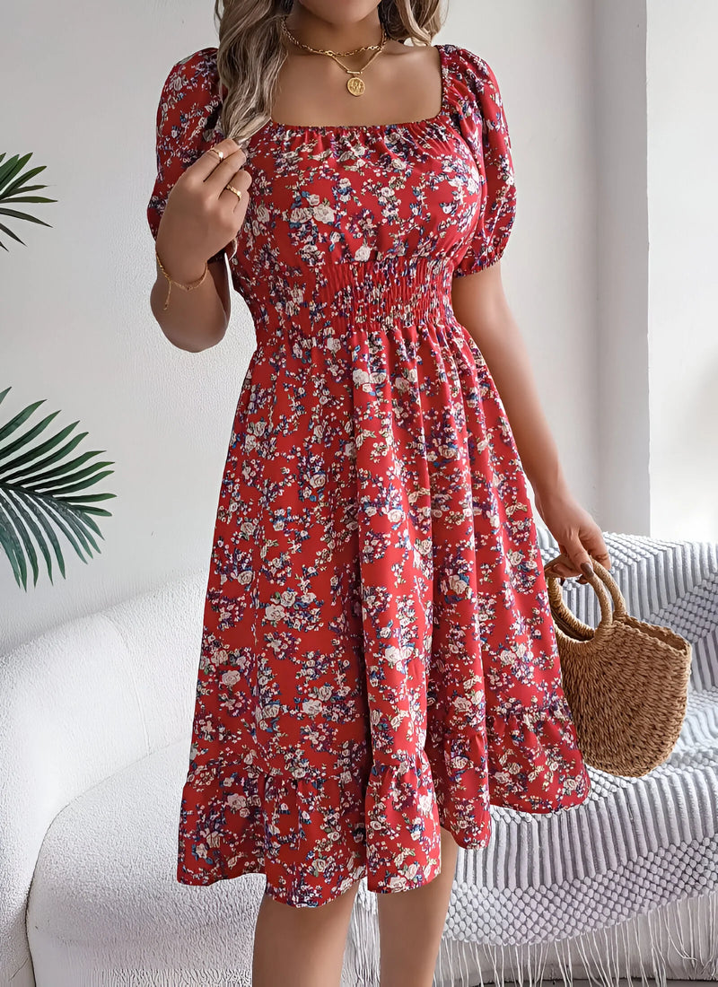 Floral Midi Dress with Puff Sleeves and Square Neck