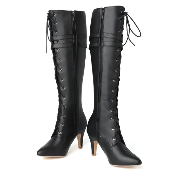 Women's Knee-High Block Heel Lace-Up Boots