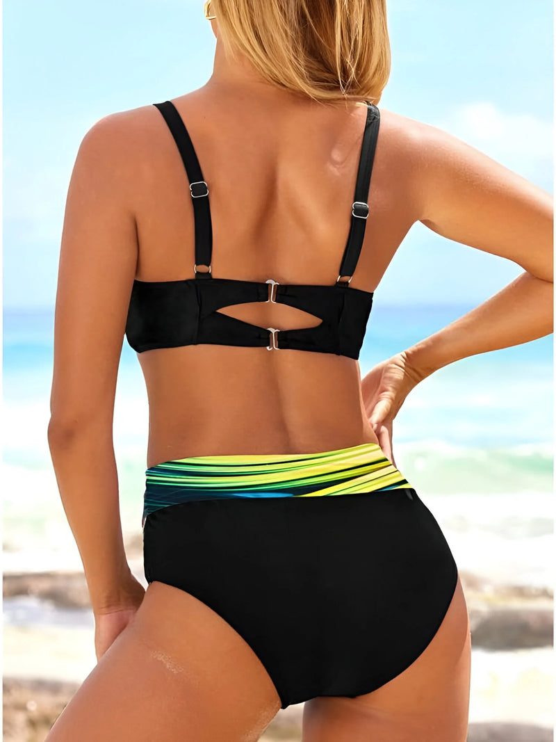 High-Waist Multicolor Striped Criss-Cross Bikini