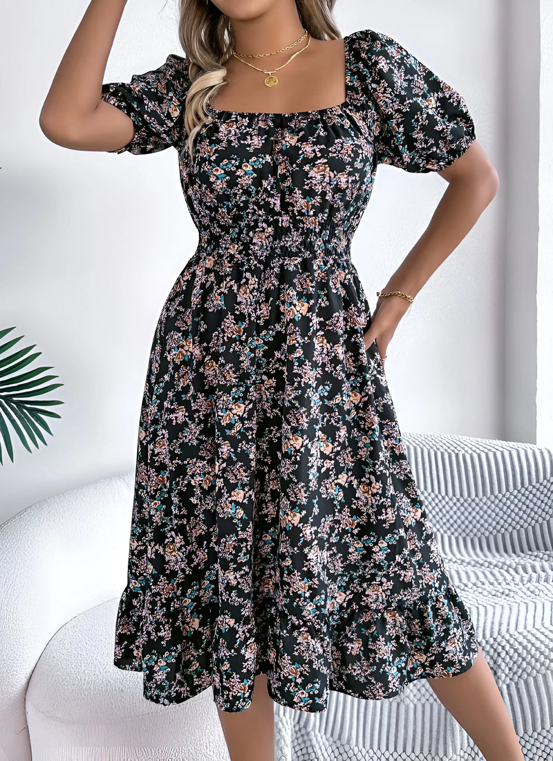 Floral Midi Dress with Puff Sleeves and Square Neck