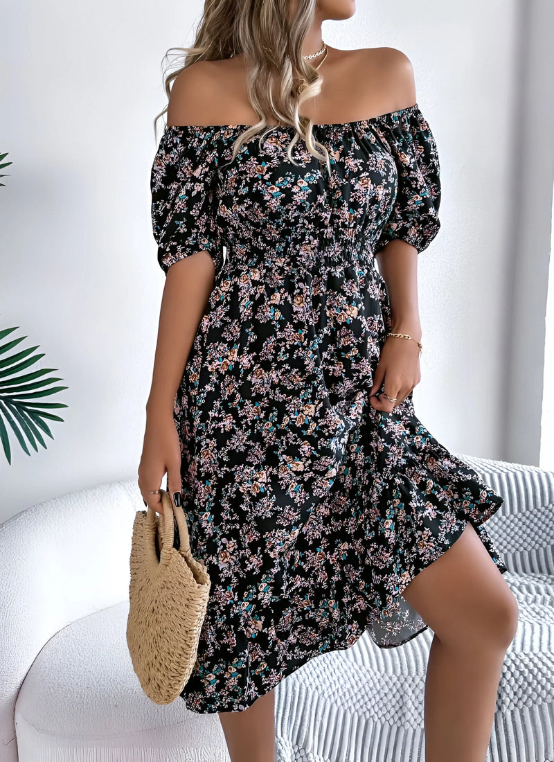 Floral Midi Dress with Puff Sleeves and Square Neck