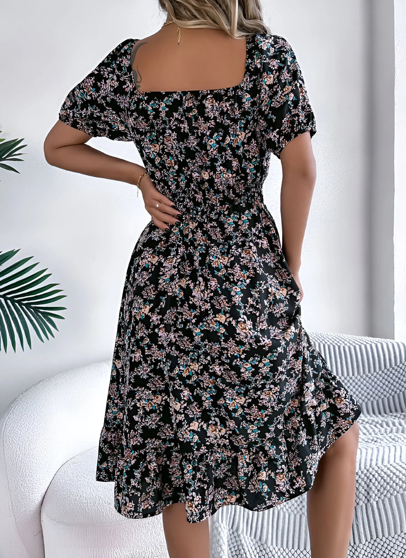 Floral Midi Dress with Puff Sleeves and Square Neck